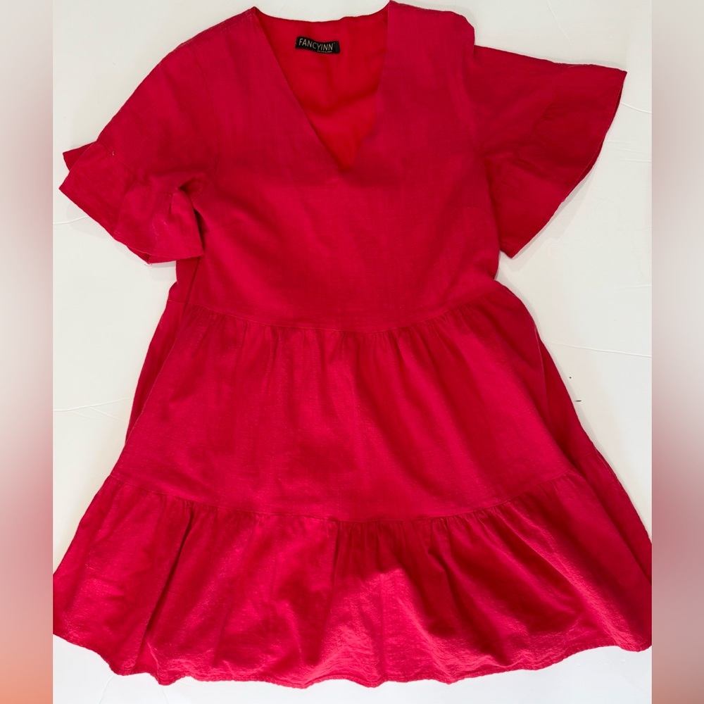 Red Tiered Mini Dress Boho V Neck Short Sleeve Pockets Summer Size M Fancyinn - Picture 6 of 8